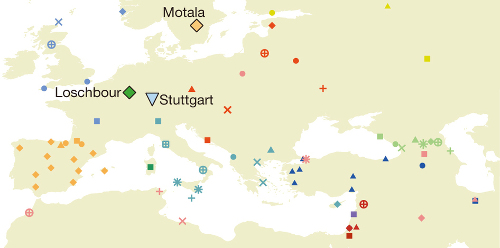 Geographical locations of analysed samples, with colour coding matching the PCA